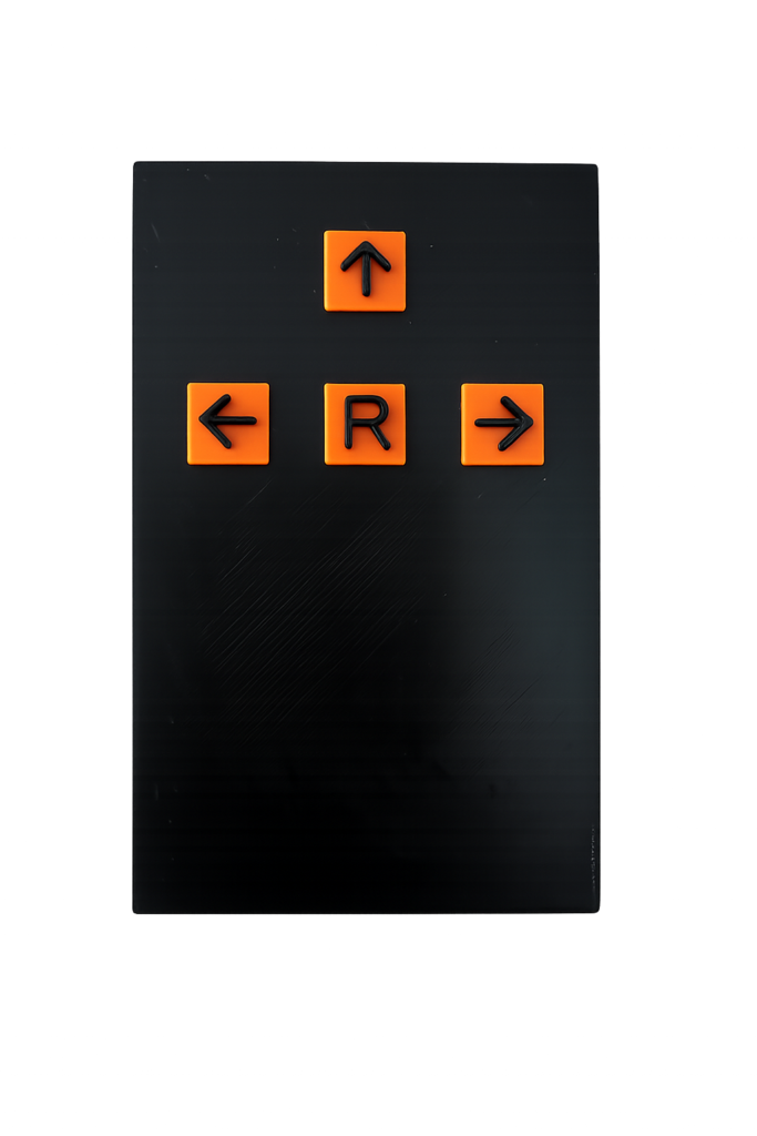 Handheld controller with four buttons: Forward, Left, Right and Run.